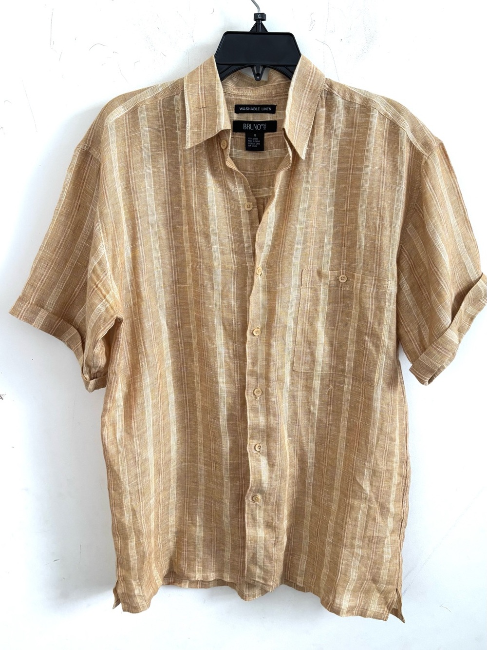 Bruno Mens Washable Linen Shirt Short Sleeve M Neutral Button Up Lightweight